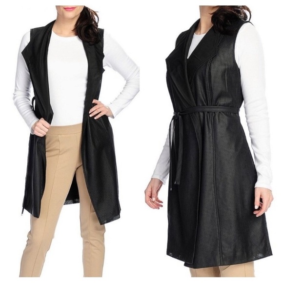 Nancy O’Dell faux leather off white vest, duster/dress sz L, perforated squares - Picture 1 of 6